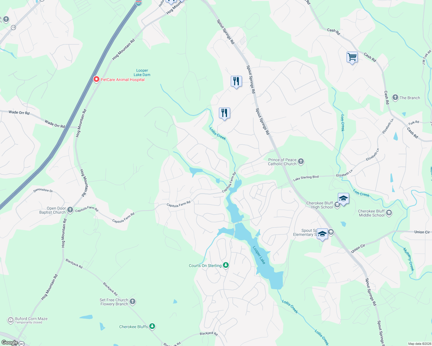 map of restaurants, bars, coffee shops, grocery stores, and more near 6531 Lemon Grass Lane in Flowery Branch
