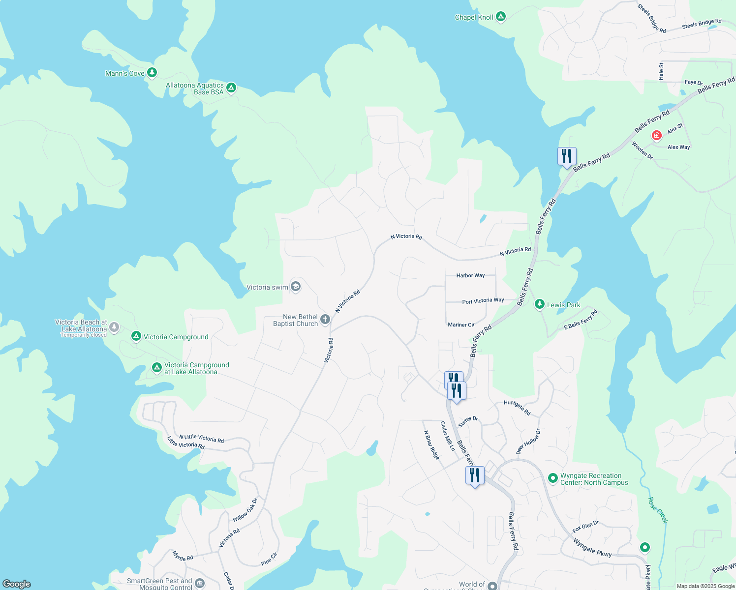 map of restaurants, bars, coffee shops, grocery stores, and more near 385 North Victoria Road in Woodstock