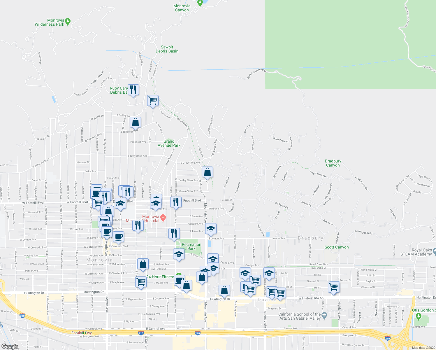 map of restaurants, bars, coffee shops, grocery stores, and more near 147 Sawpit Lane in Bradbury