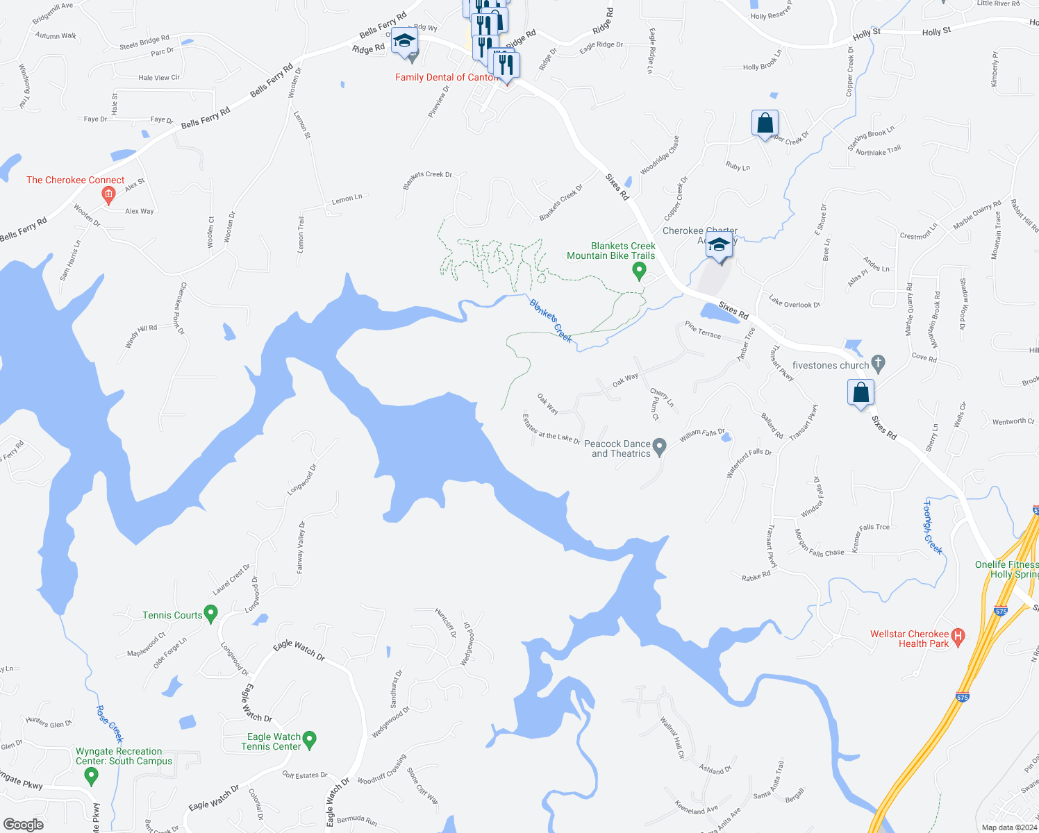 map of restaurants, bars, coffee shops, grocery stores, and more near 123 Estates At The Lake Drive in Canton