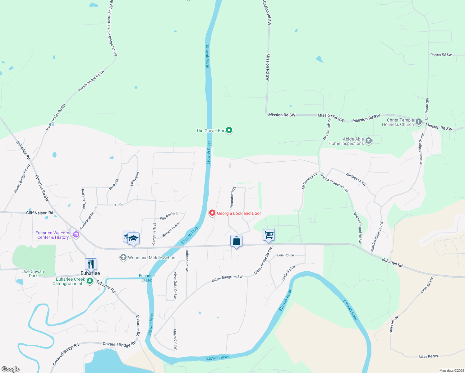 map of restaurants, bars, coffee shops, grocery stores, and more near 12 Laurel Cove in Euharlee