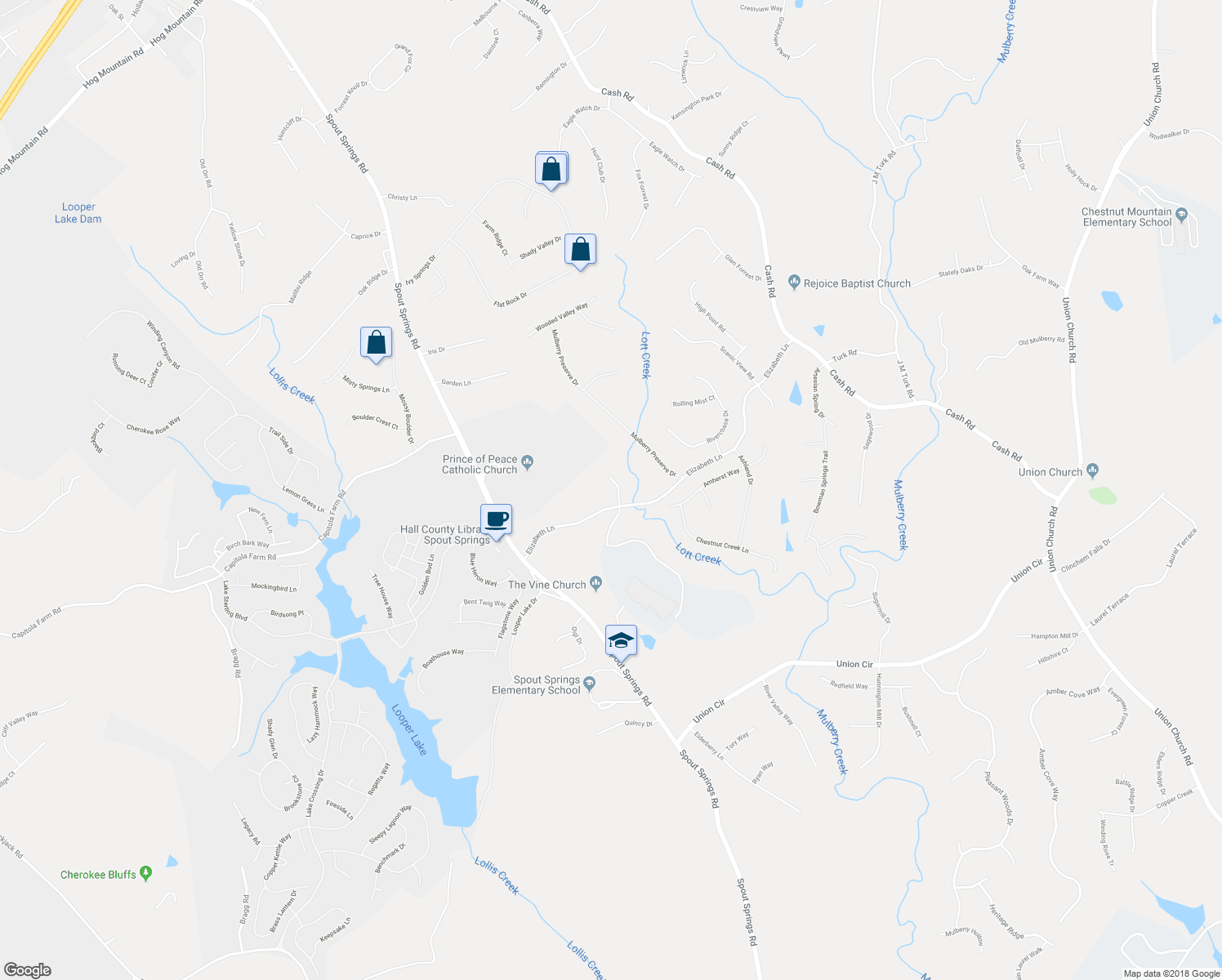 map of restaurants, bars, coffee shops, grocery stores, and more near 5515 Squirrel Nest Court in Flowery Branch