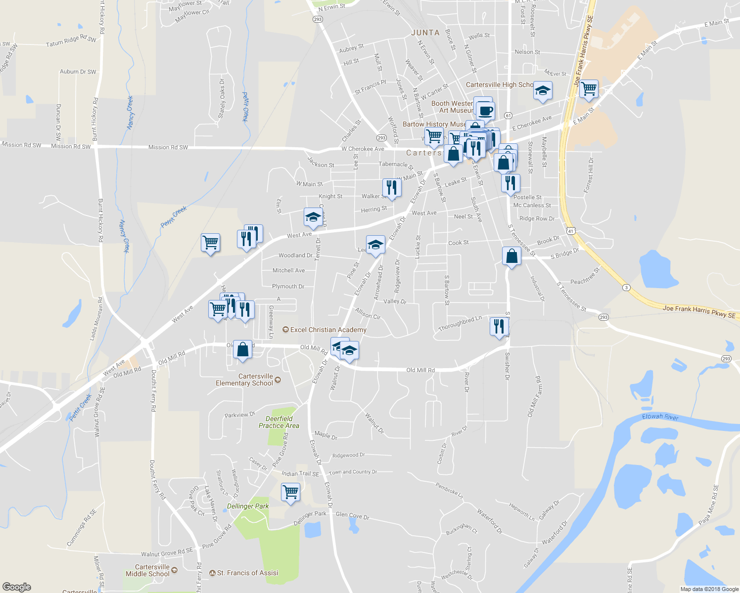 map of restaurants, bars, coffee shops, grocery stores, and more near 47 Arrowhead Drive in Cartersville