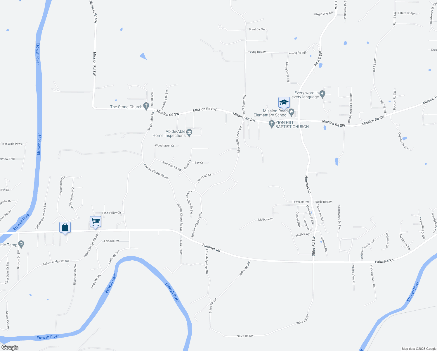 map of restaurants, bars, coffee shops, grocery stores, and more near 36 Etowah Lane Southwest in Cartersville