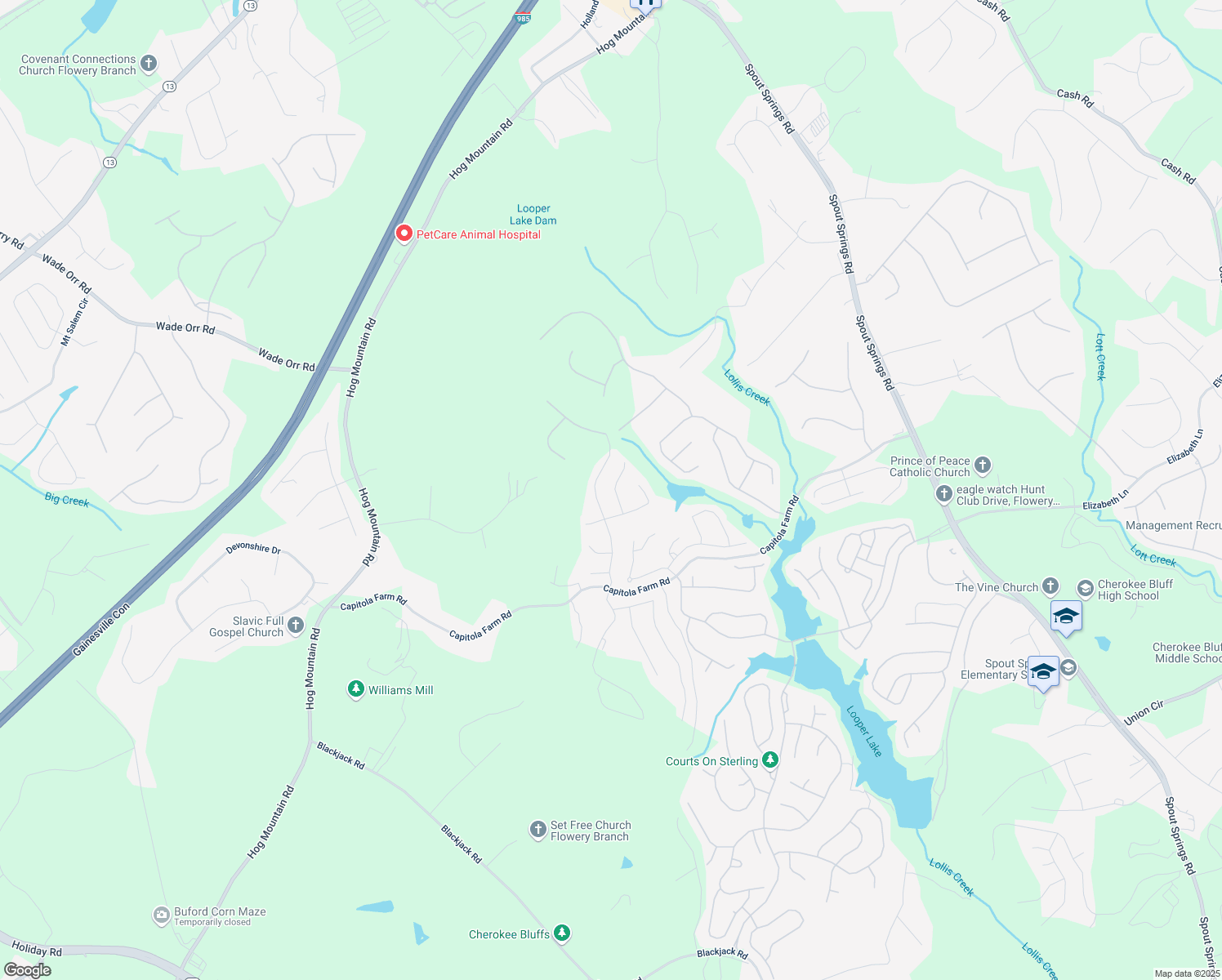 map of restaurants, bars, coffee shops, grocery stores, and more near 6931 Woodtrail Run in Flowery Branch