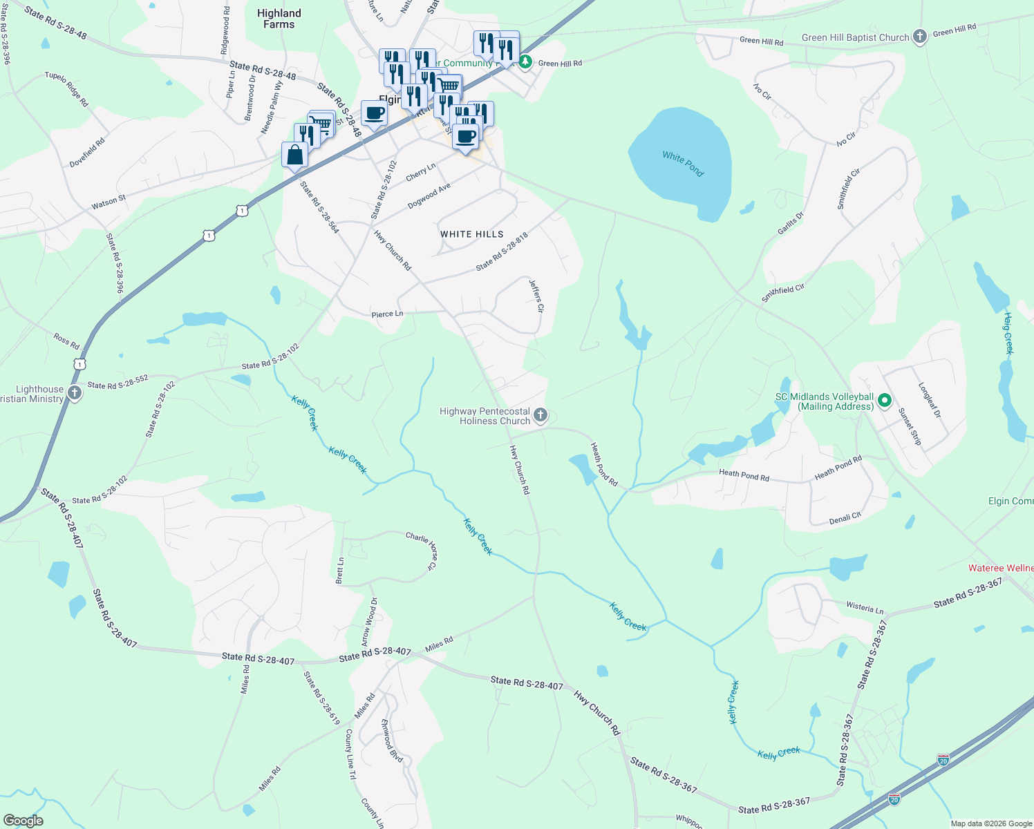 map of restaurants, bars, coffee shops, grocery stores, and more near 1600 Highway Church Road in Elgin