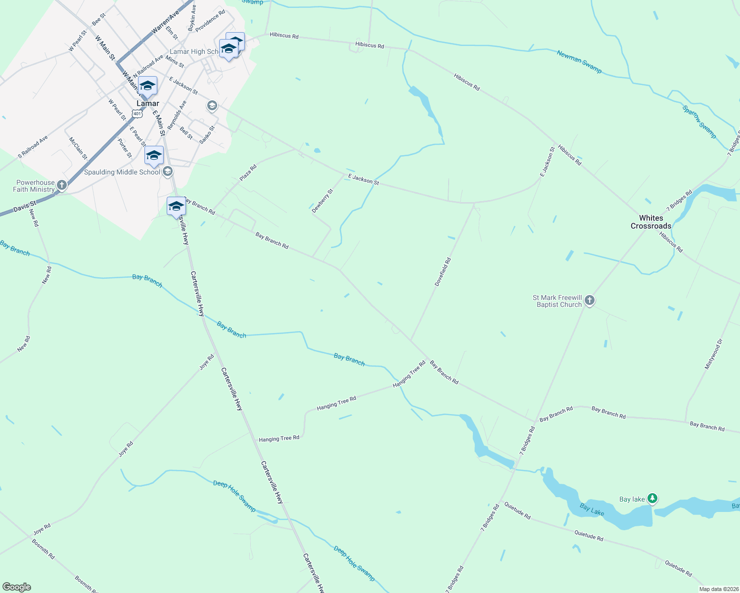 map of restaurants, bars, coffee shops, grocery stores, and more near 804 Bay Branch Road in Lamar