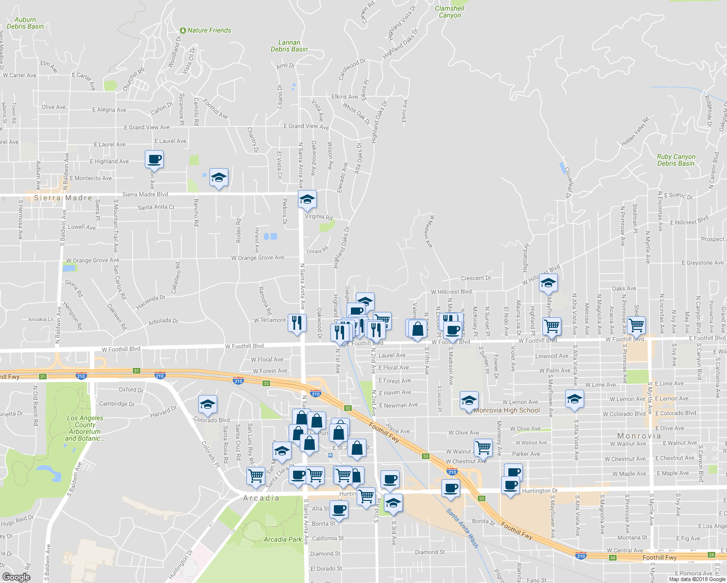 map of restaurants, bars, coffee shops, grocery stores, and more near 1249 Oakhaven Road in Arcadia