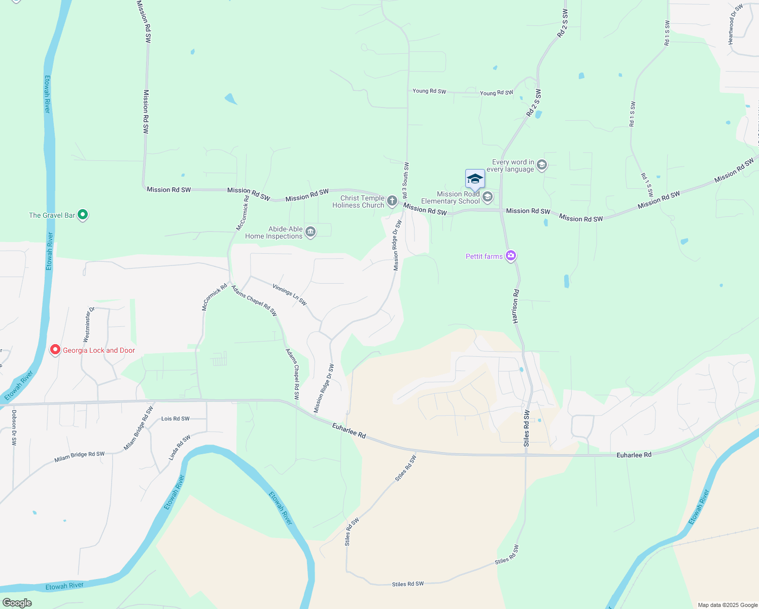 map of restaurants, bars, coffee shops, grocery stores, and more near 38 Mission Ridge Drive Southwest in Cartersville