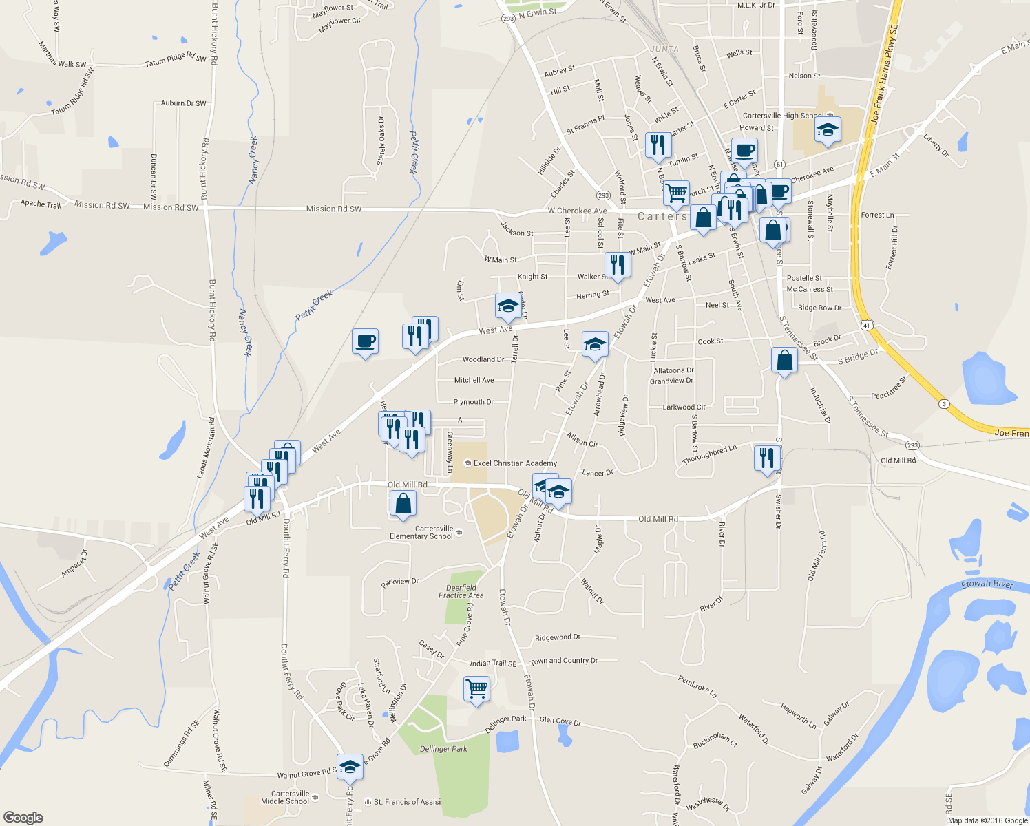 map of restaurants, bars, coffee shops, grocery stores, and more near 306 Terrell Dr in Cartersville