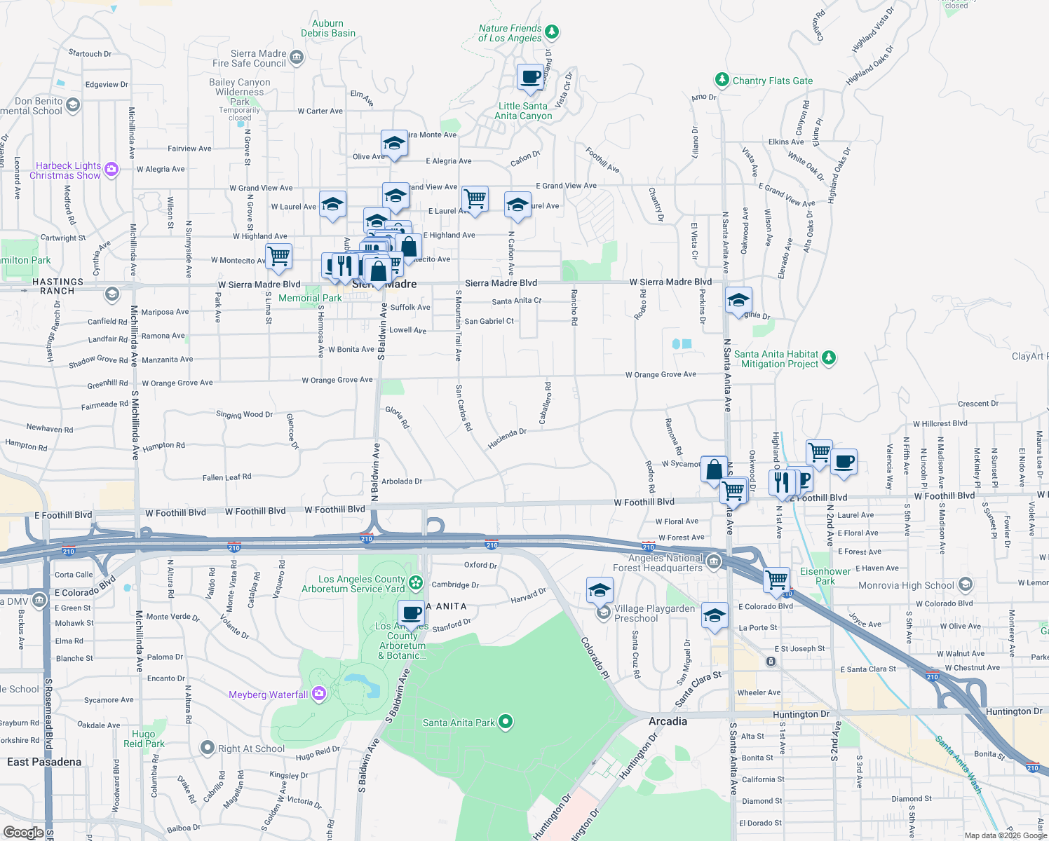 map of restaurants, bars, coffee shops, grocery stores, and more near 1414 Carmelita Place in Arcadia
