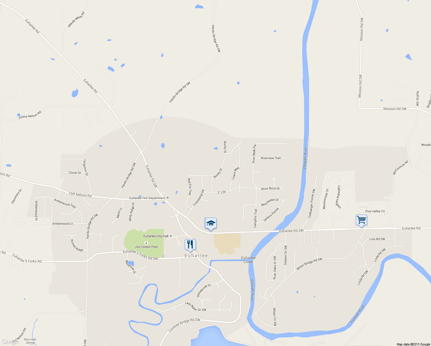 map of restaurants, bars, coffee shops, grocery stores, and more near 21 Bucky Street in Euharlee