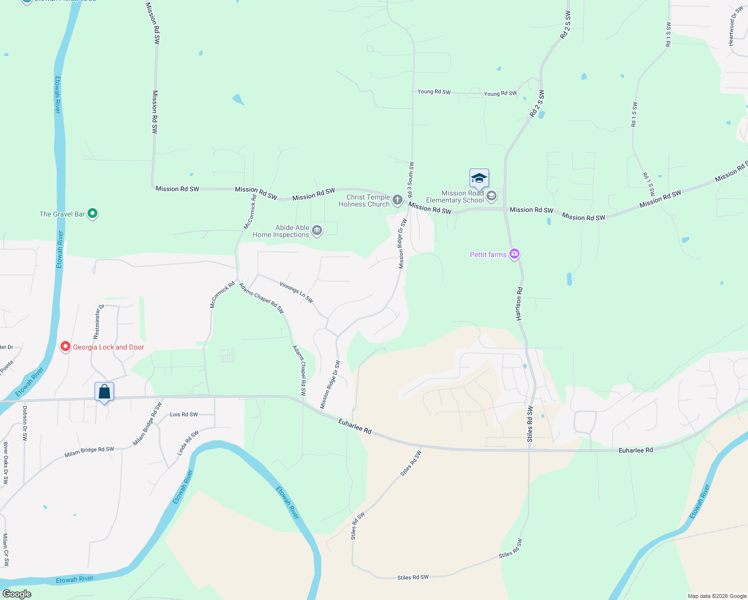 map of restaurants, bars, coffee shops, grocery stores, and more near 40 Etowah Lane Southwest in Cartersville