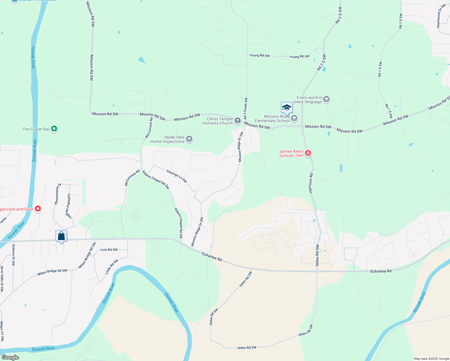 map of restaurants, bars, coffee shops, grocery stores, and more near 40 Etowah Lane Southwest in Cartersville