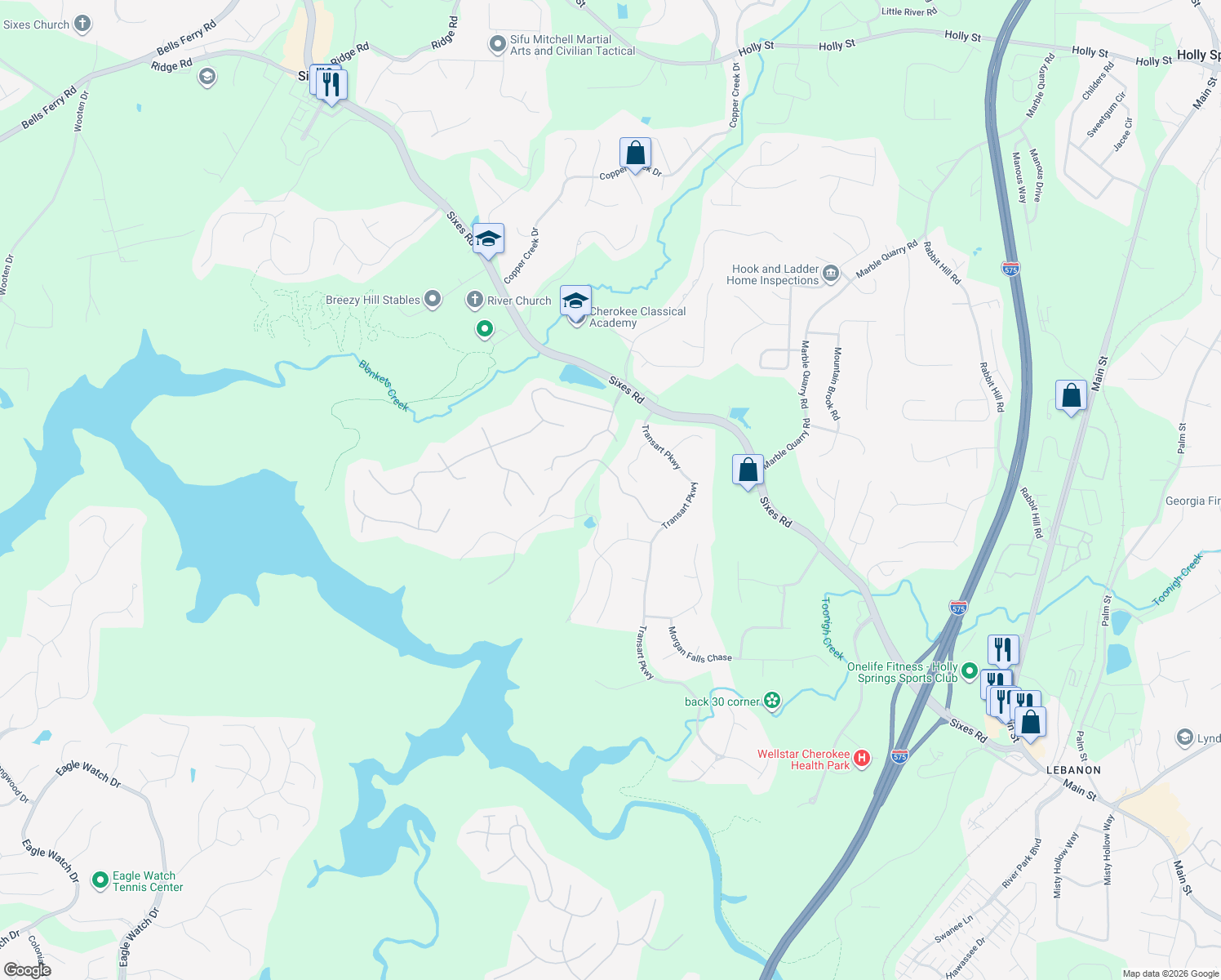 map of restaurants, bars, coffee shops, grocery stores, and more near 402 Martin Falls Manor in Canton