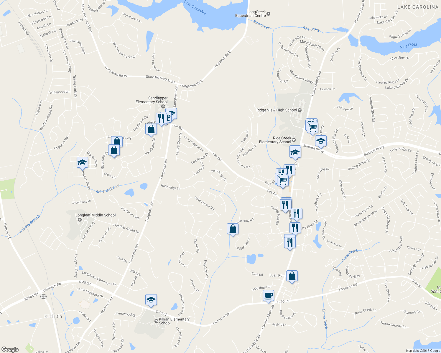 map of restaurants, bars, coffee shops, grocery stores, and more near 109 Berry Ridge Circle in Columbia