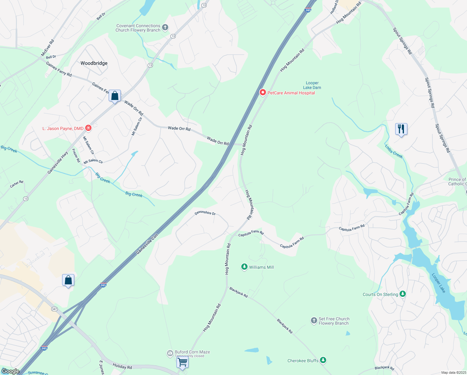 map of restaurants, bars, coffee shops, grocery stores, and more near 5402 Ohara Lane in Flowery Branch