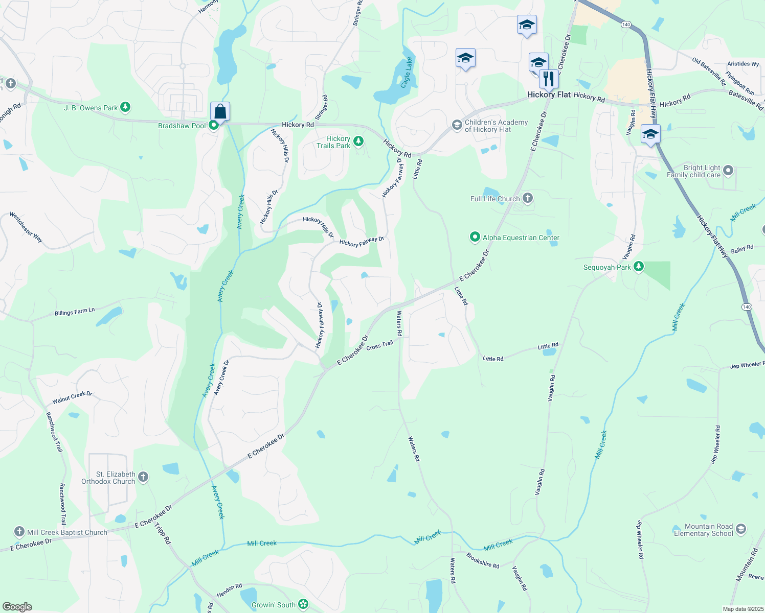 map of restaurants, bars, coffee shops, grocery stores, and more near 201 Glenview Court in Woodstock