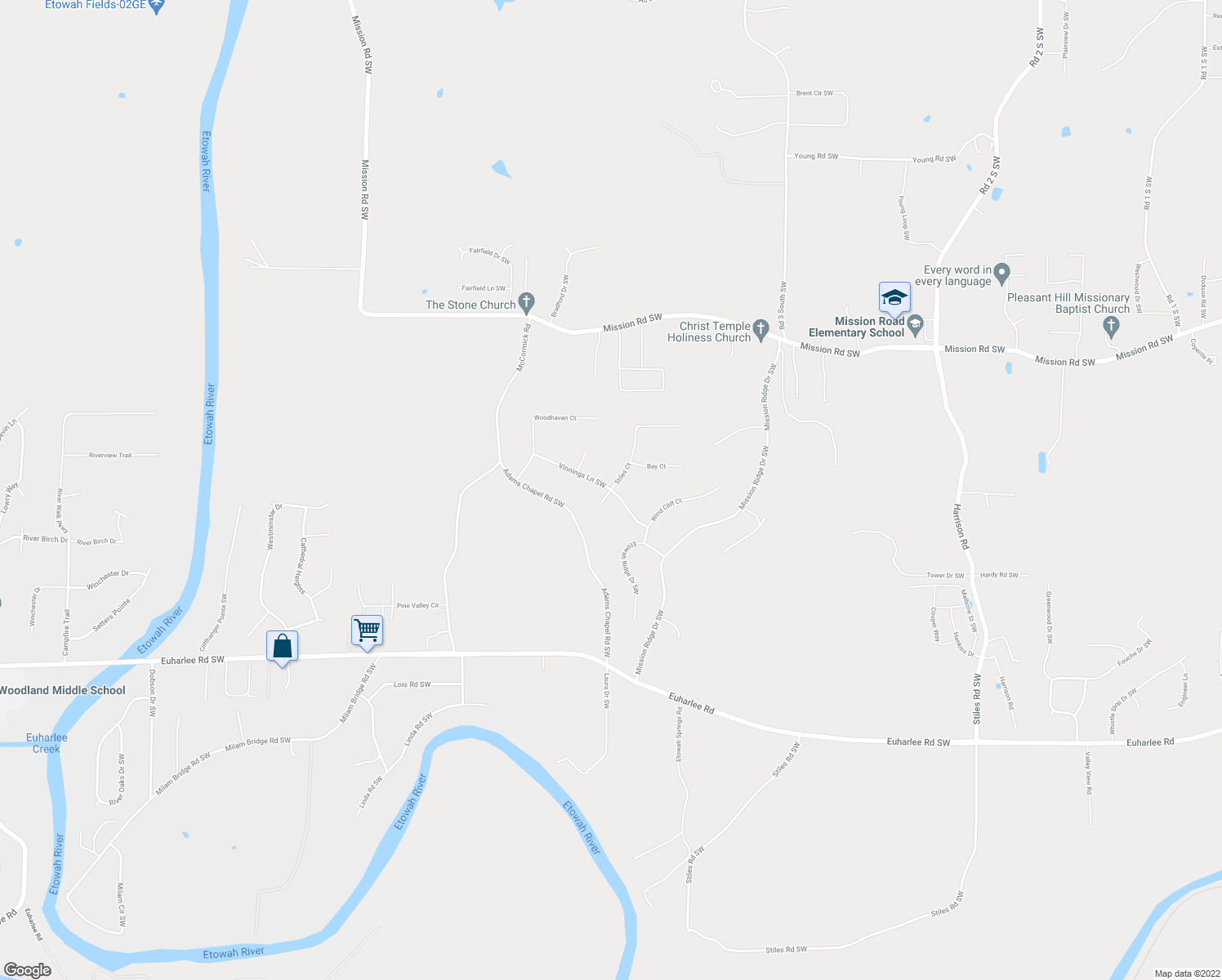 map of restaurants, bars, coffee shops, grocery stores, and more near 35 Stiles Court Southwest in Cartersville