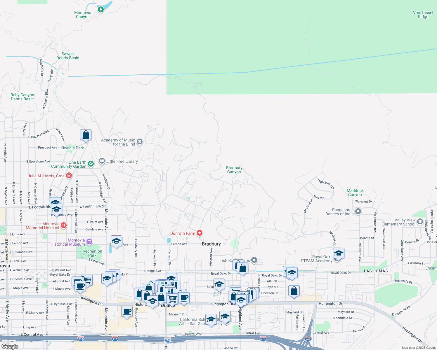 map of restaurants, bars, coffee shops, grocery stores, and more near 427 Long Canyon Road in Bradbury
