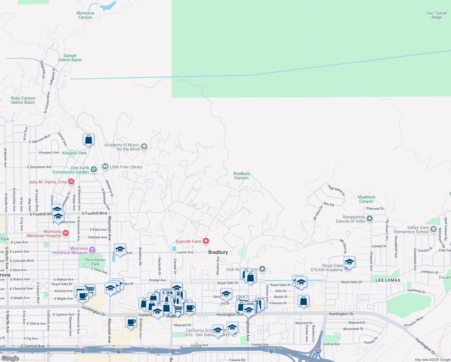 map of restaurants, bars, coffee shops, grocery stores, and more near 424 Long Canyon Road in Bradbury