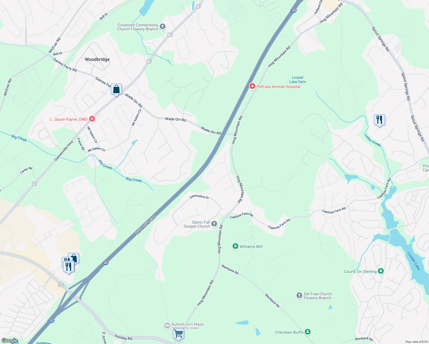map of restaurants, bars, coffee shops, grocery stores, and more near 5533 Rose Ridge Ct in Flowery Branch