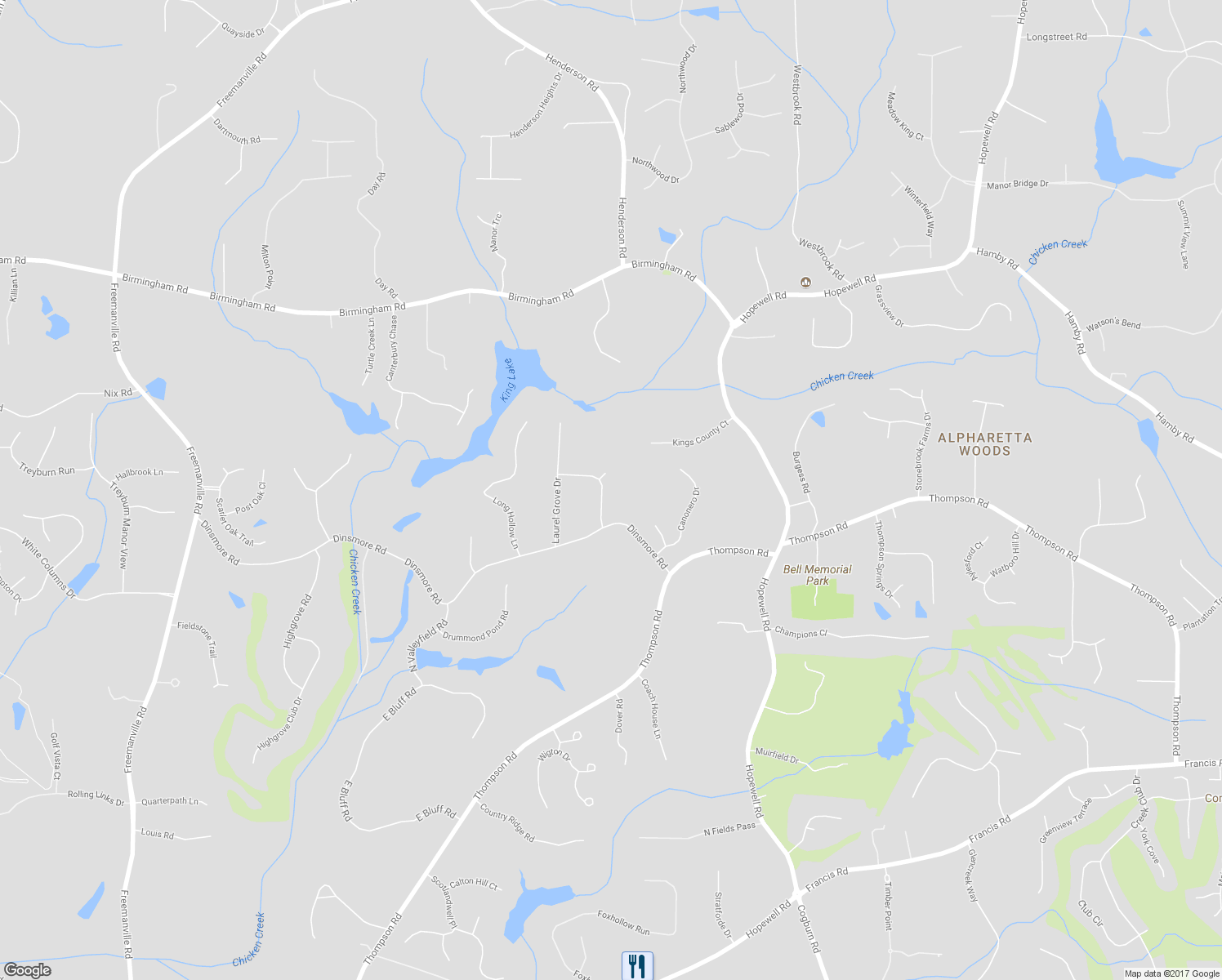 map of restaurants, bars, coffee shops, grocery stores, and more near 2170 Lake Grove Lane in Alpharetta