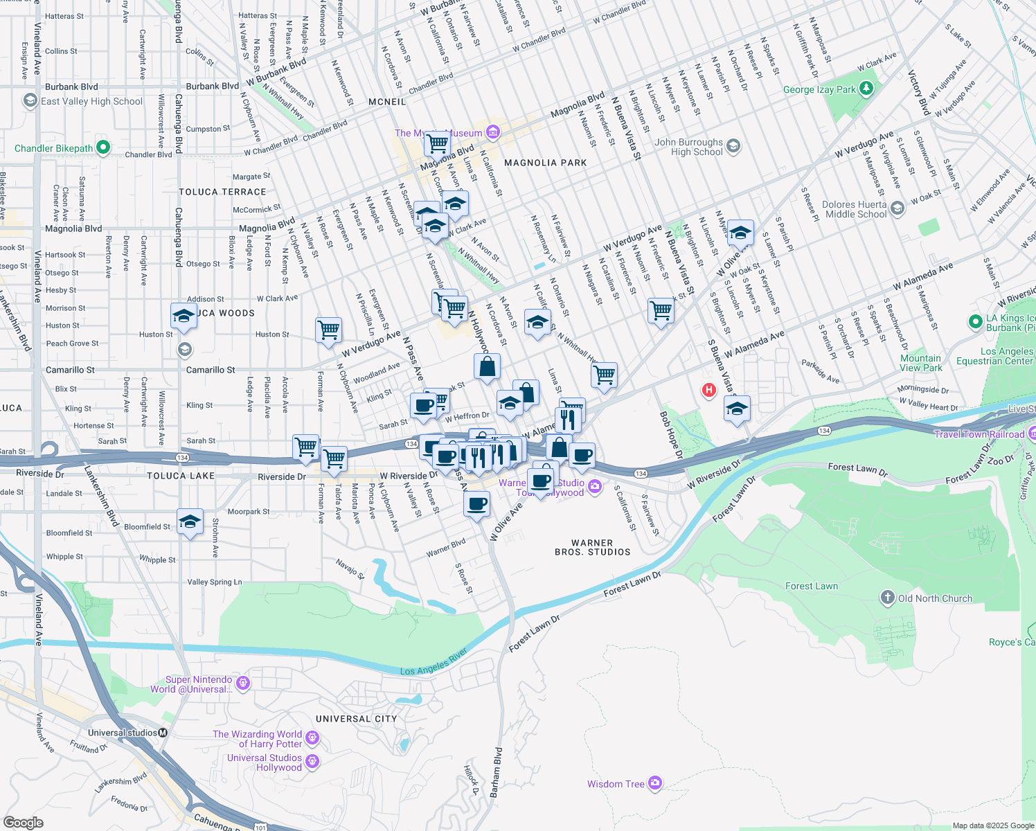 map of restaurants, bars, coffee shops, grocery stores, and more near 230 N Hollywood Way in Burbank