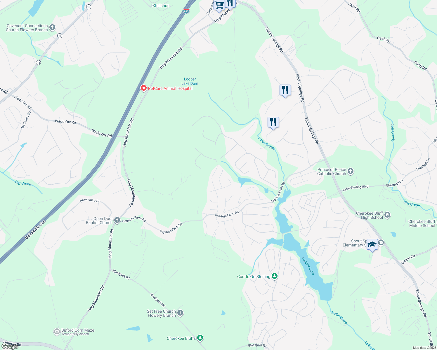 map of restaurants, bars, coffee shops, grocery stores, and more near 6819 Blackbird in Flowery Branch