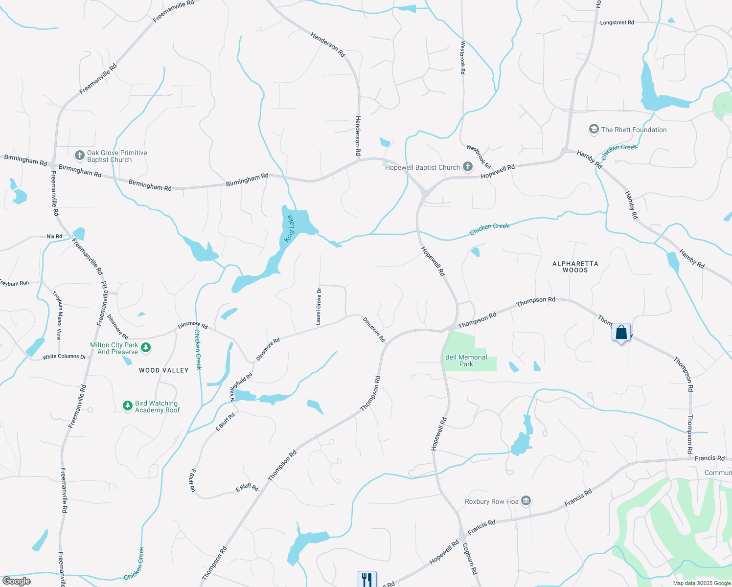 map of restaurants, bars, coffee shops, grocery stores, and more near 2270 Dinsmore Road in Alpharetta