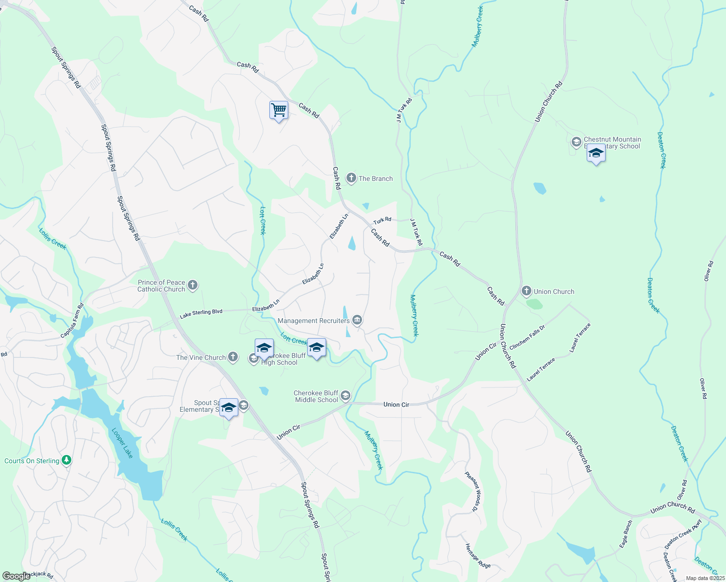 map of restaurants, bars, coffee shops, grocery stores, and more near 5404 Three Lakes Court in Flowery Branch