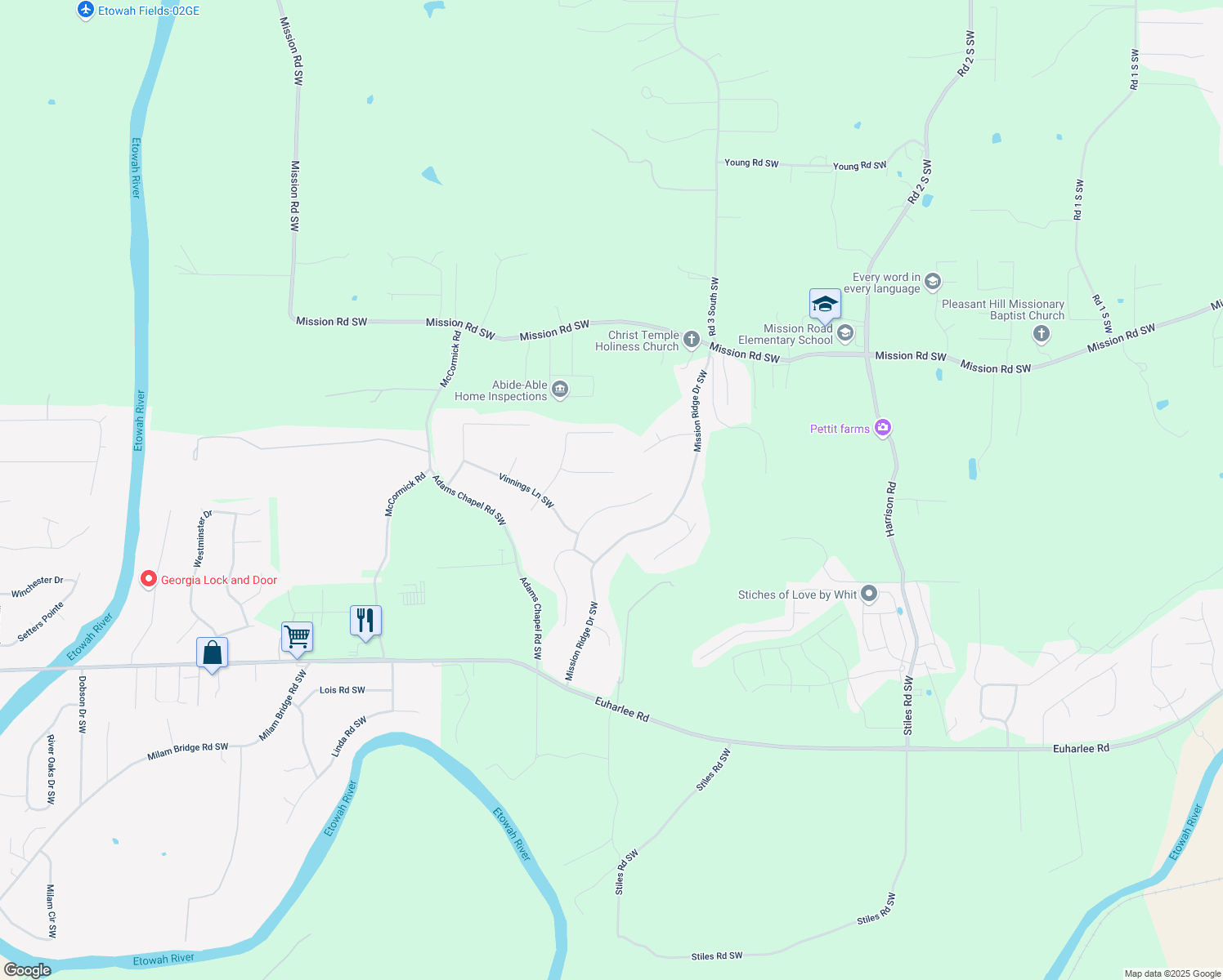 map of restaurants, bars, coffee shops, grocery stores, and more near 29 Etowah Lane Southwest in Cartersville