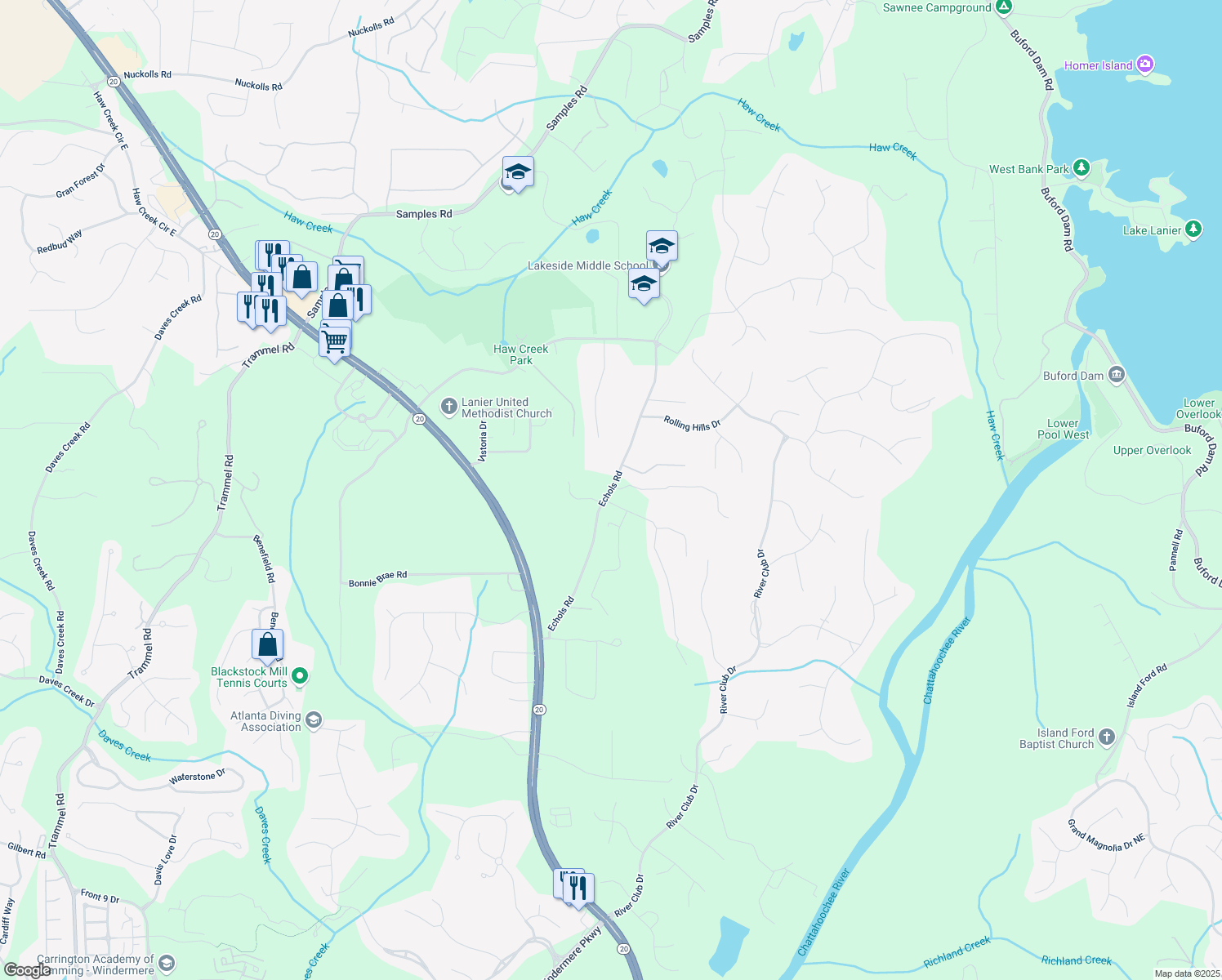 map of restaurants, bars, coffee shops, grocery stores, and more near 2845 Echols Road in Cumming