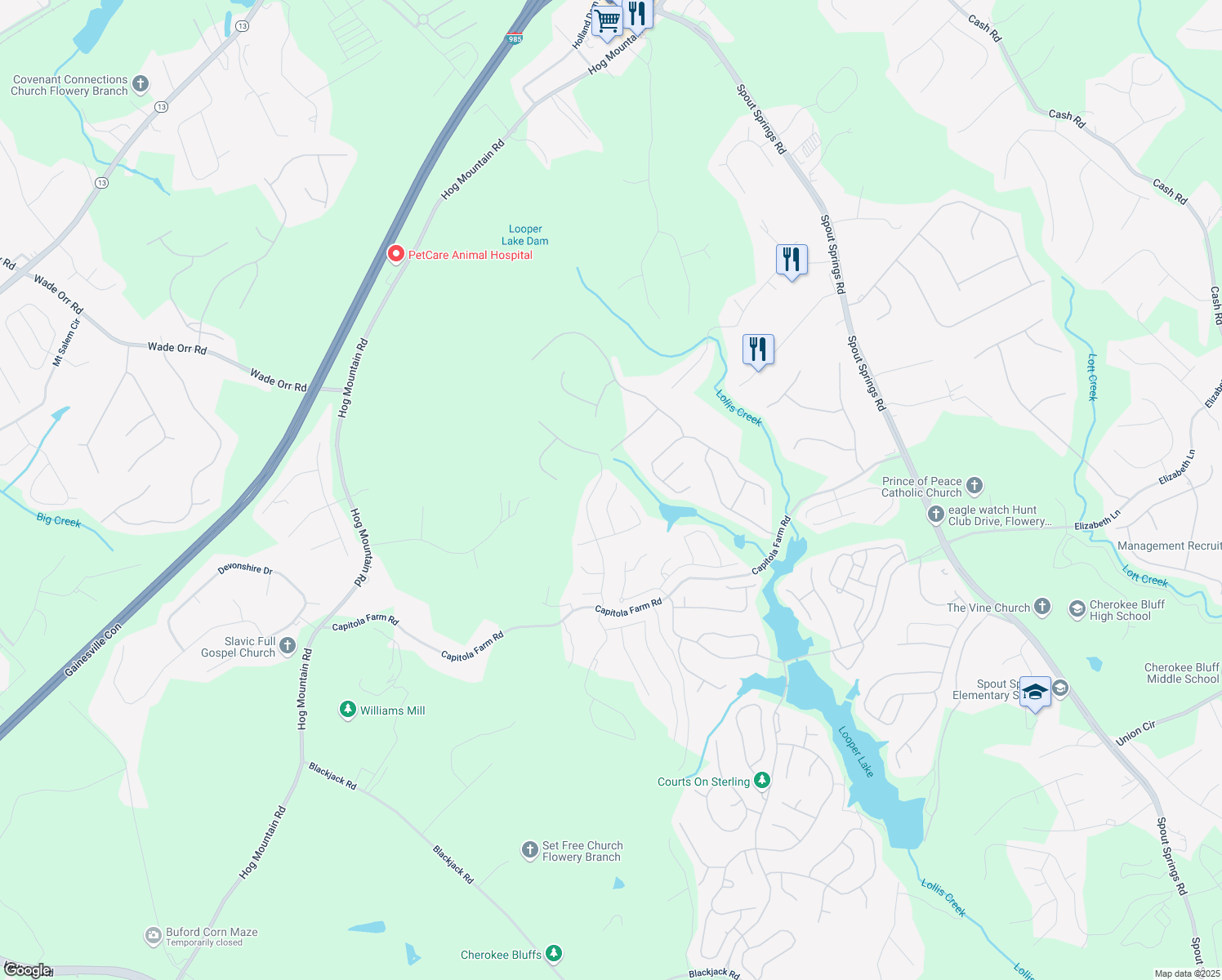 map of restaurants, bars, coffee shops, grocery stores, and more near 6959 Woodtrail Run in Flowery Branch