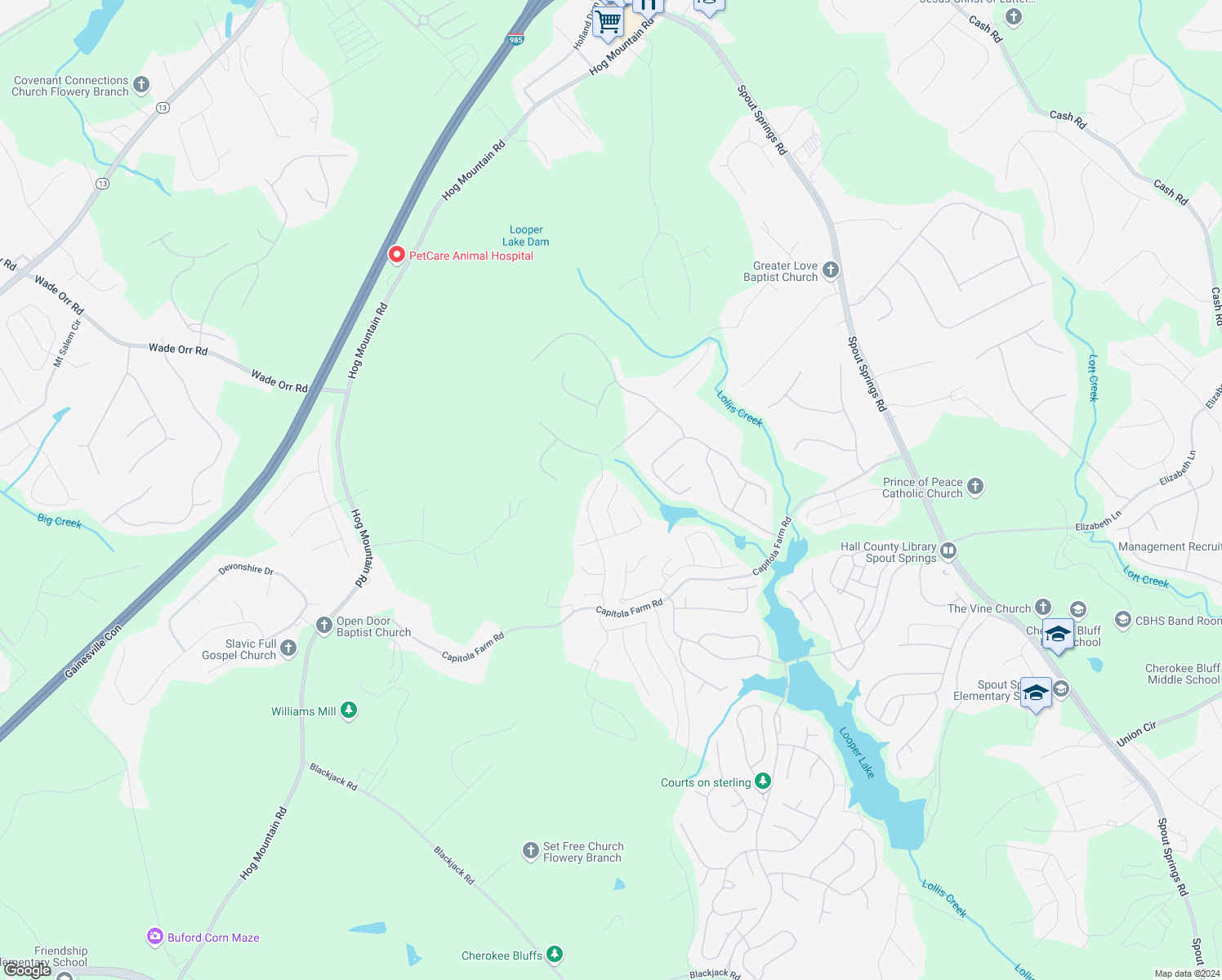map of restaurants, bars, coffee shops, grocery stores, and more near 6959 Woodtrail Run in Flowery Branch