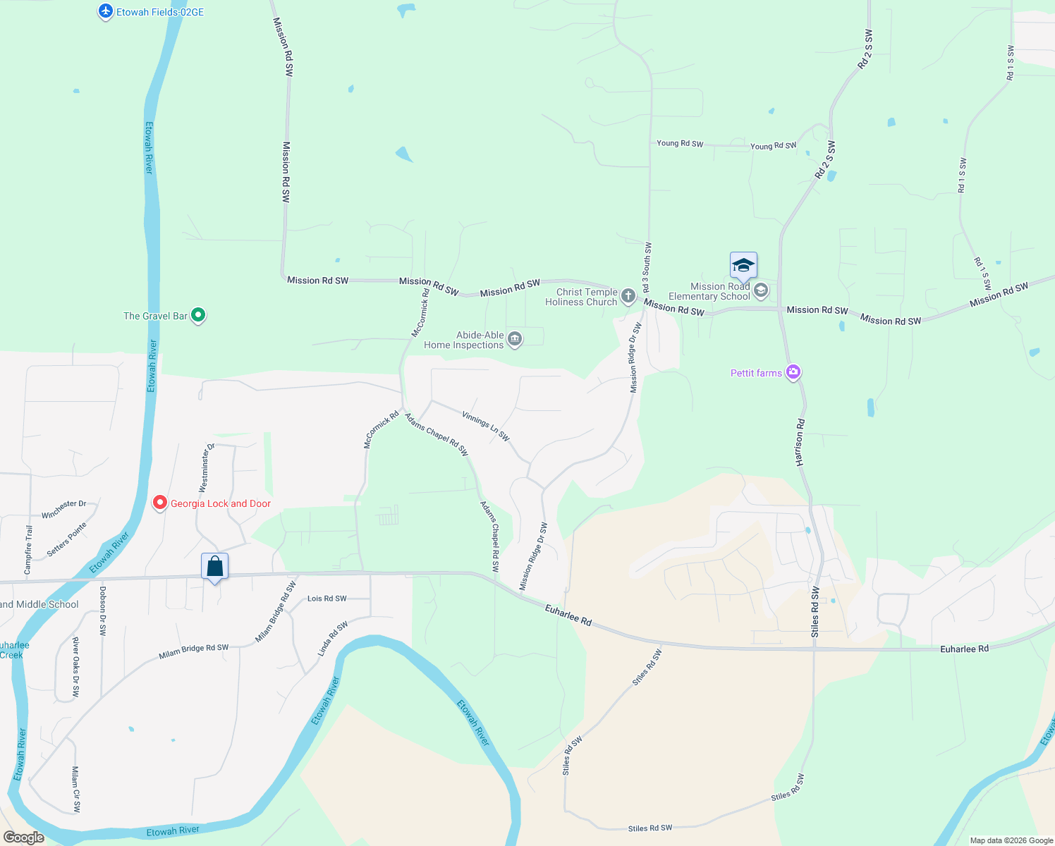 map of restaurants, bars, coffee shops, grocery stores, and more near 12 Bay Court in Cartersville