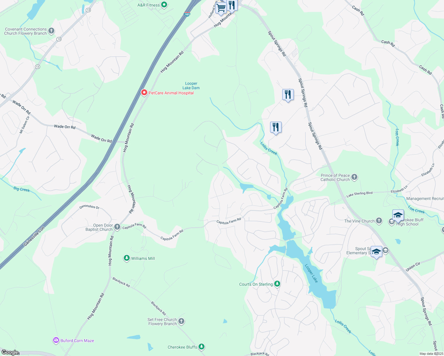 map of restaurants, bars, coffee shops, grocery stores, and more near 6903 Woodtrail Run in Flowery Branch