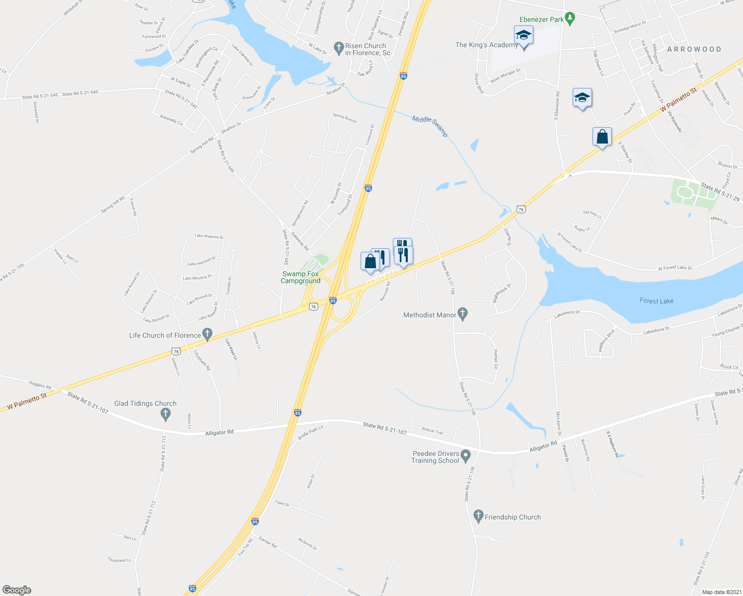 map of restaurants, bars, coffee shops, grocery stores, and more near 3821 Bancroft Rd in Florence
