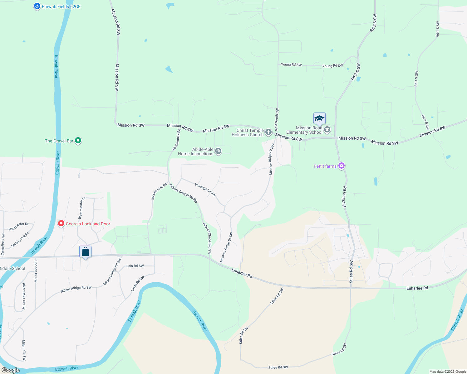 map of restaurants, bars, coffee shops, grocery stores, and more near 20 Bay Court in Cartersville
