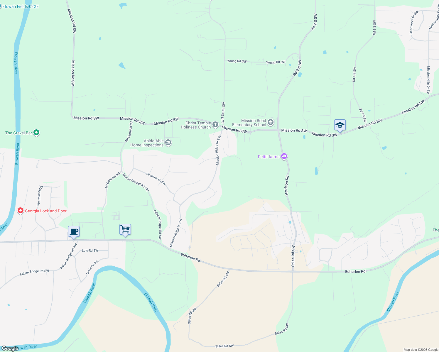 map of restaurants, bars, coffee shops, grocery stores, and more near 25 Mission Ridge Drive Southwest in Cartersville