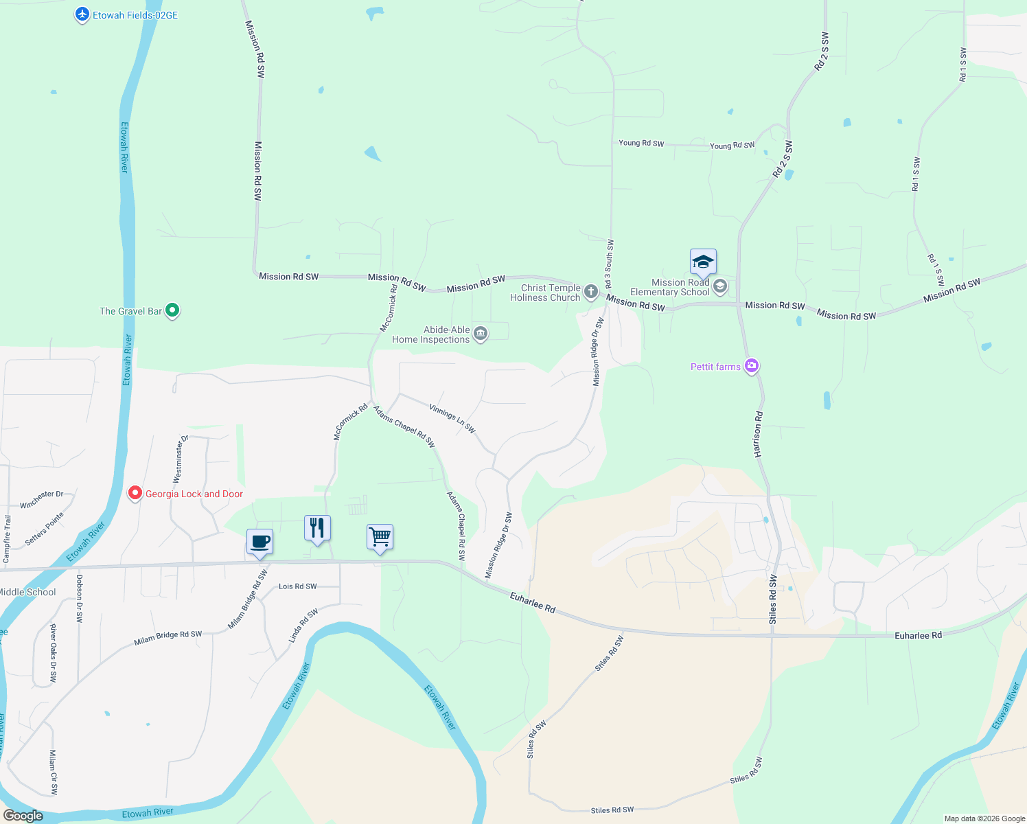 map of restaurants, bars, coffee shops, grocery stores, and more near 20 Bay Court in Cartersville