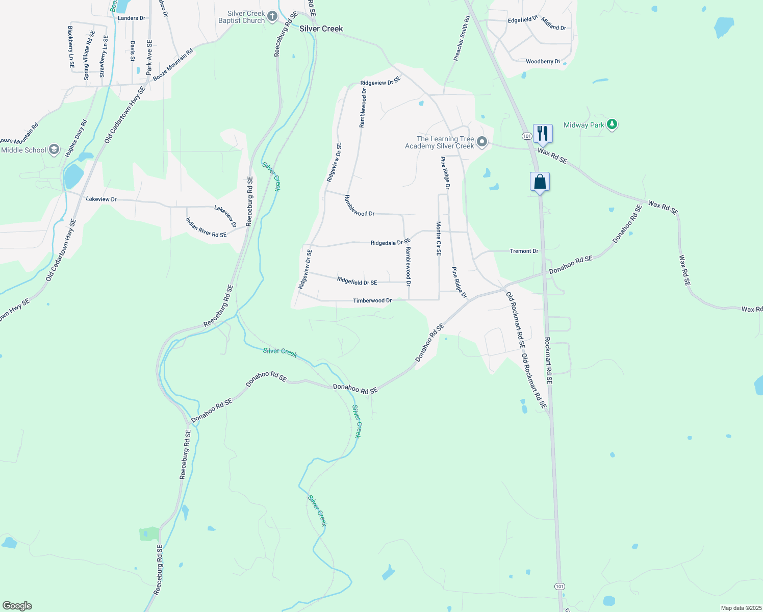 map of restaurants, bars, coffee shops, grocery stores, and more near 26 Timberwood Drive in Silver Creek