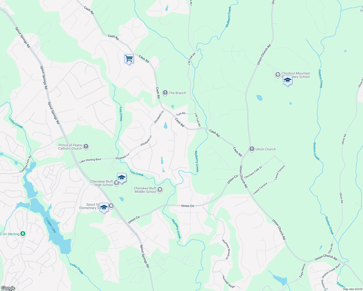map of restaurants, bars, coffee shops, grocery stores, and more near 5186 Sagewood Drive in Flowery Branch