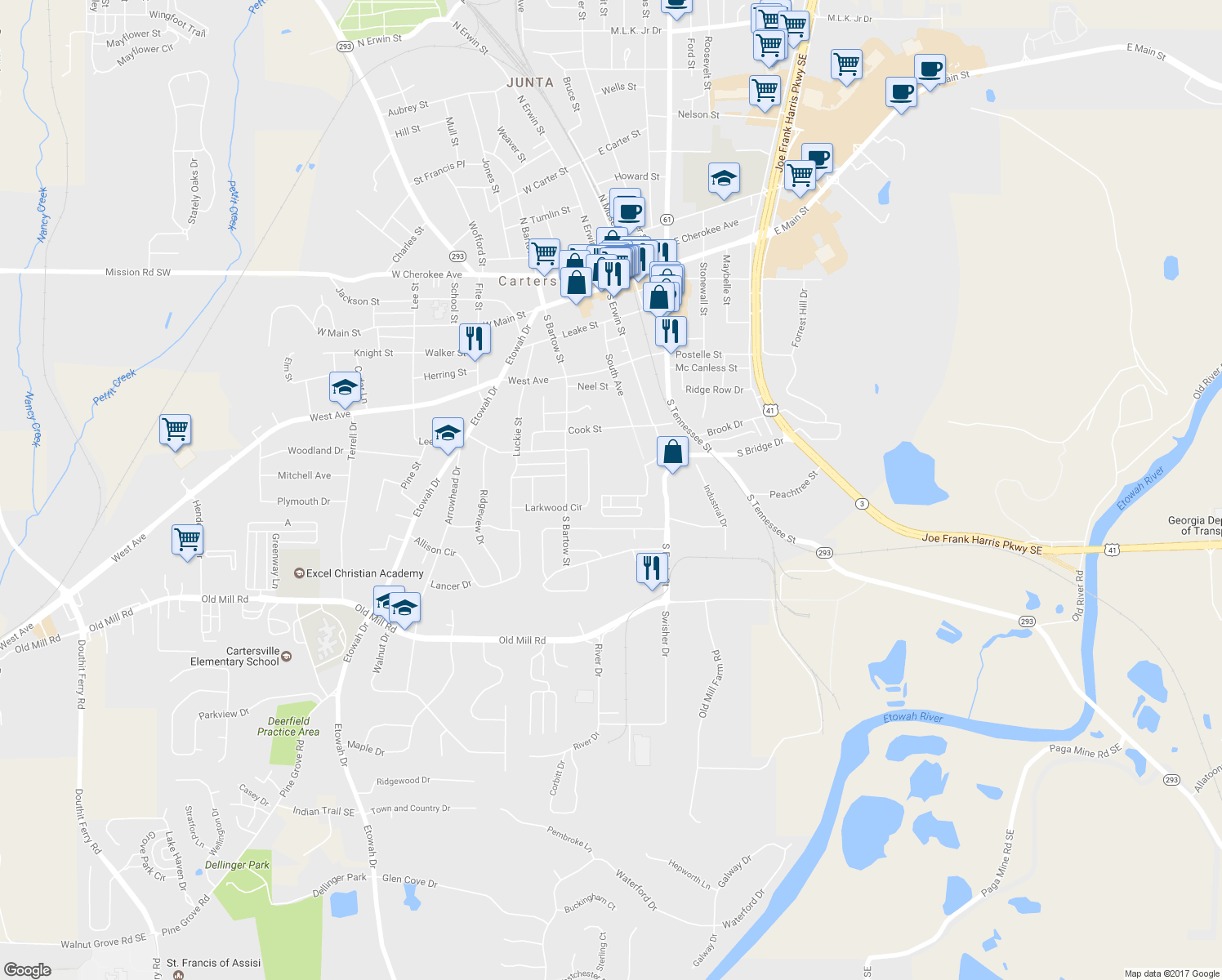 map of restaurants, bars, coffee shops, grocery stores, and more near 43 Lenox Park Avenue in Cartersville