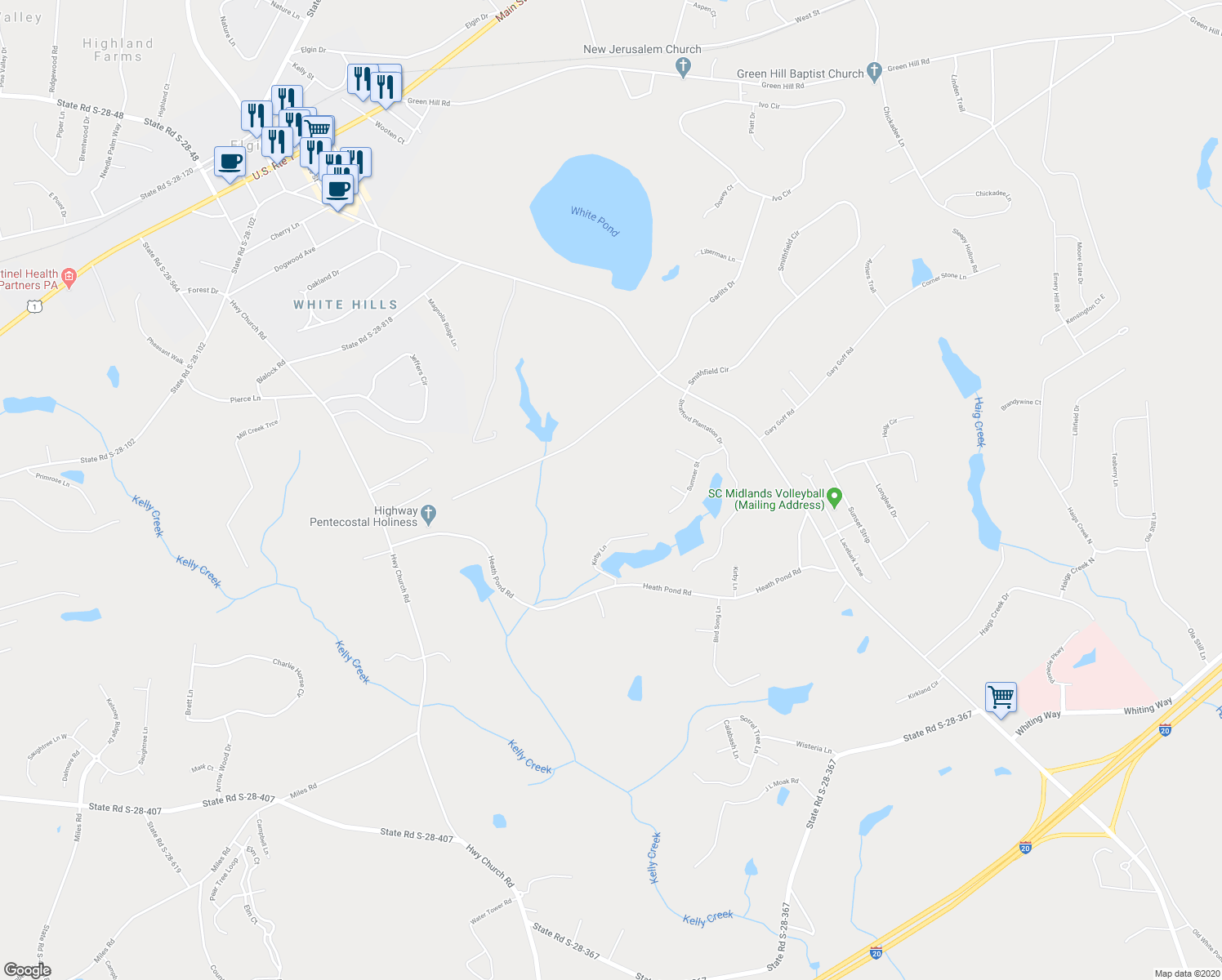 map of restaurants, bars, coffee shops, grocery stores, and more near 1121 White Pond Road in Elgin