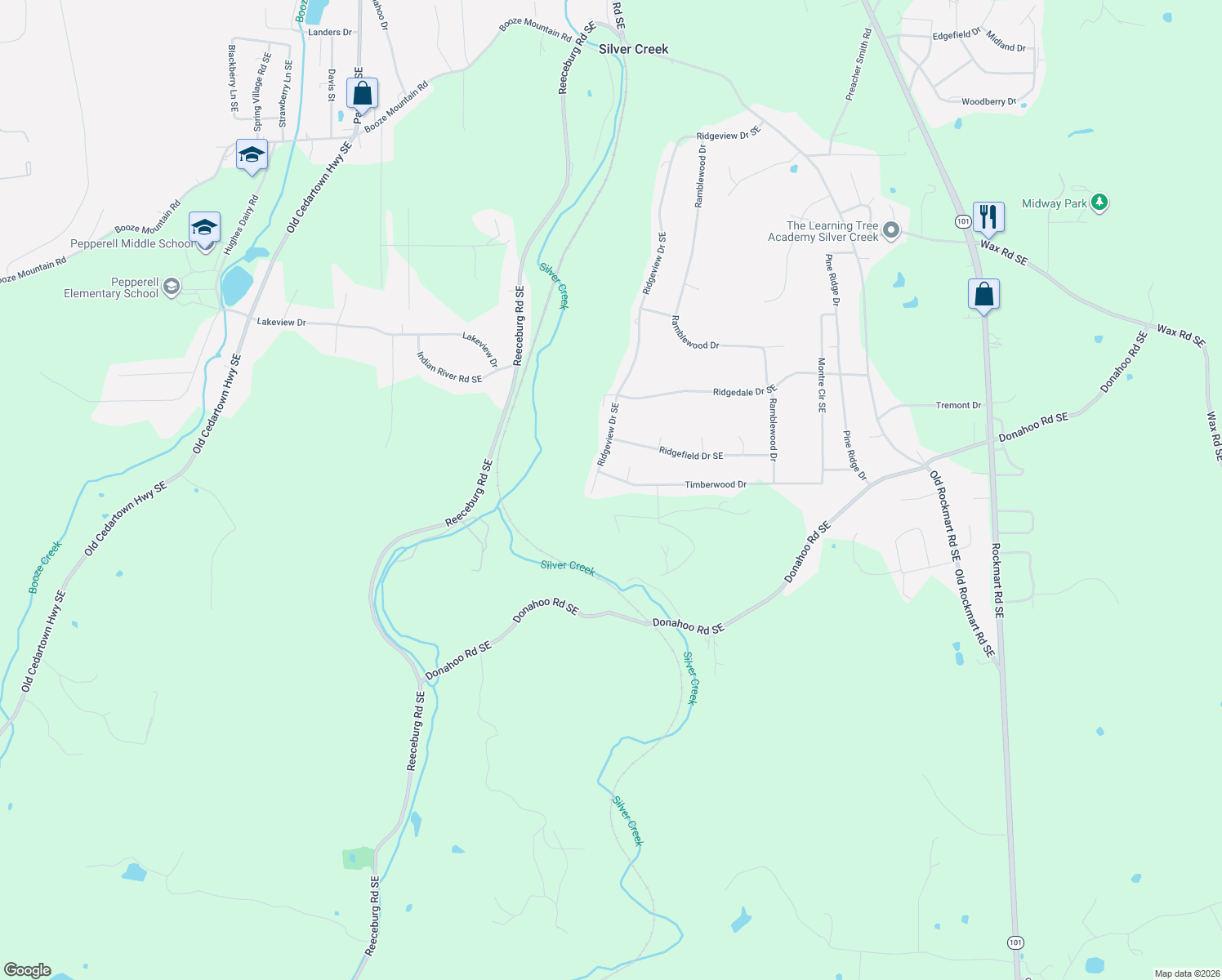 map of restaurants, bars, coffee shops, grocery stores, and more near 101 Ridgeview Drive Southeast in Silver Creek