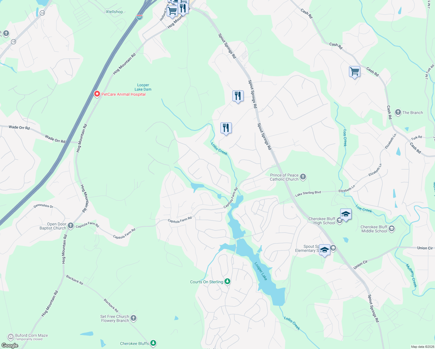 map of restaurants, bars, coffee shops, grocery stores, and more near 6640 Trail Side Drive in Flowery Branch