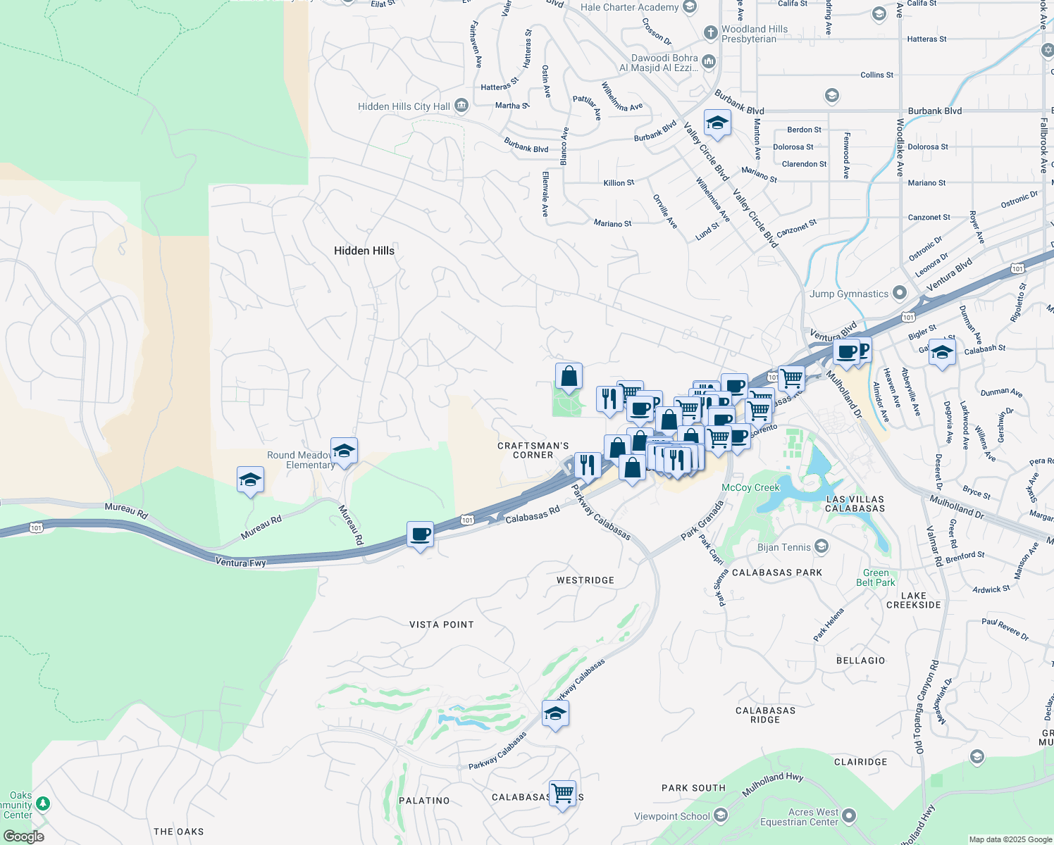 map of restaurants, bars, coffee shops, grocery stores, and more near 5096 Parkway Calabasas in Calabasas
