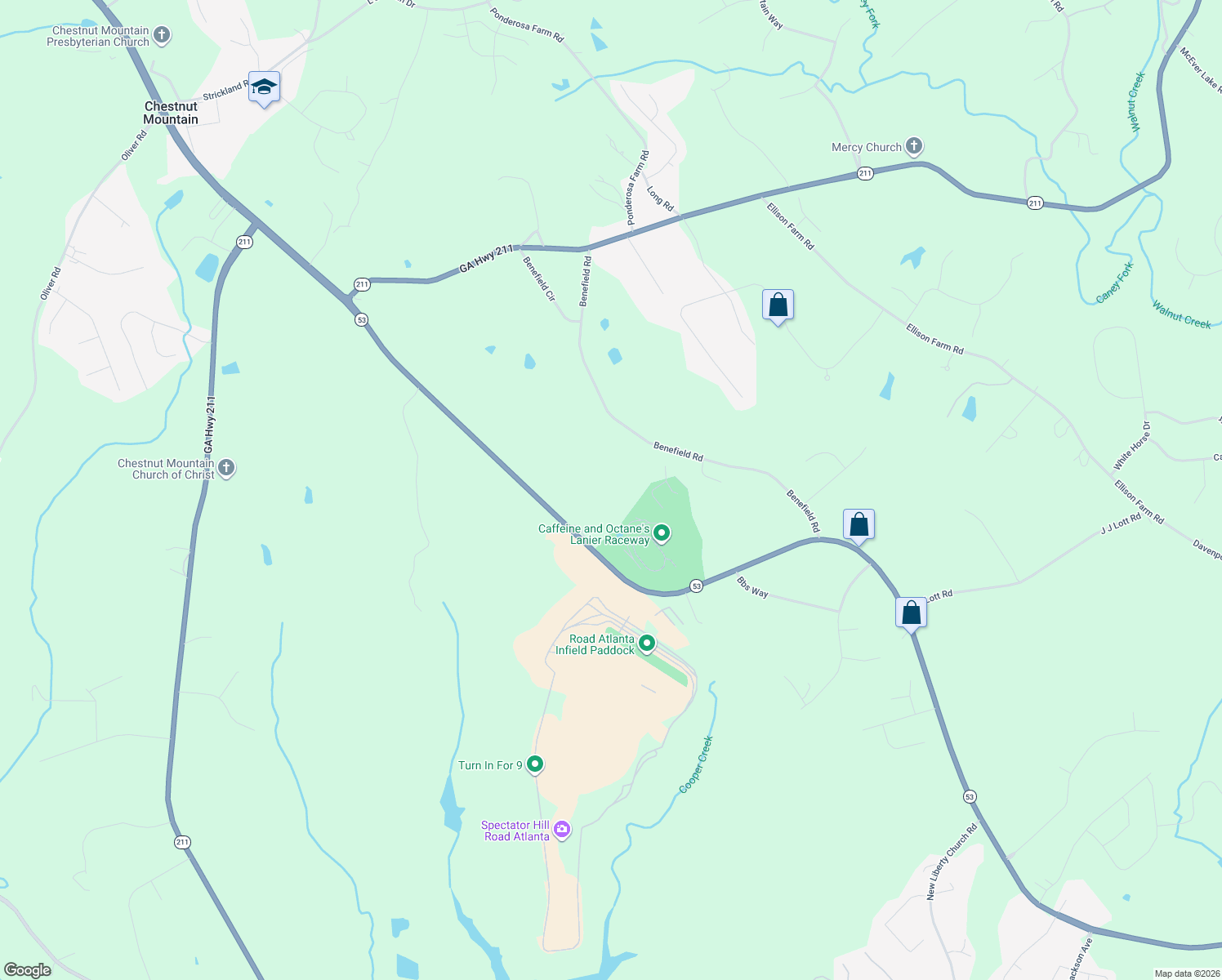map of restaurants, bars, coffee shops, grocery stores, and more near 4418 Benefield Road in Braselton