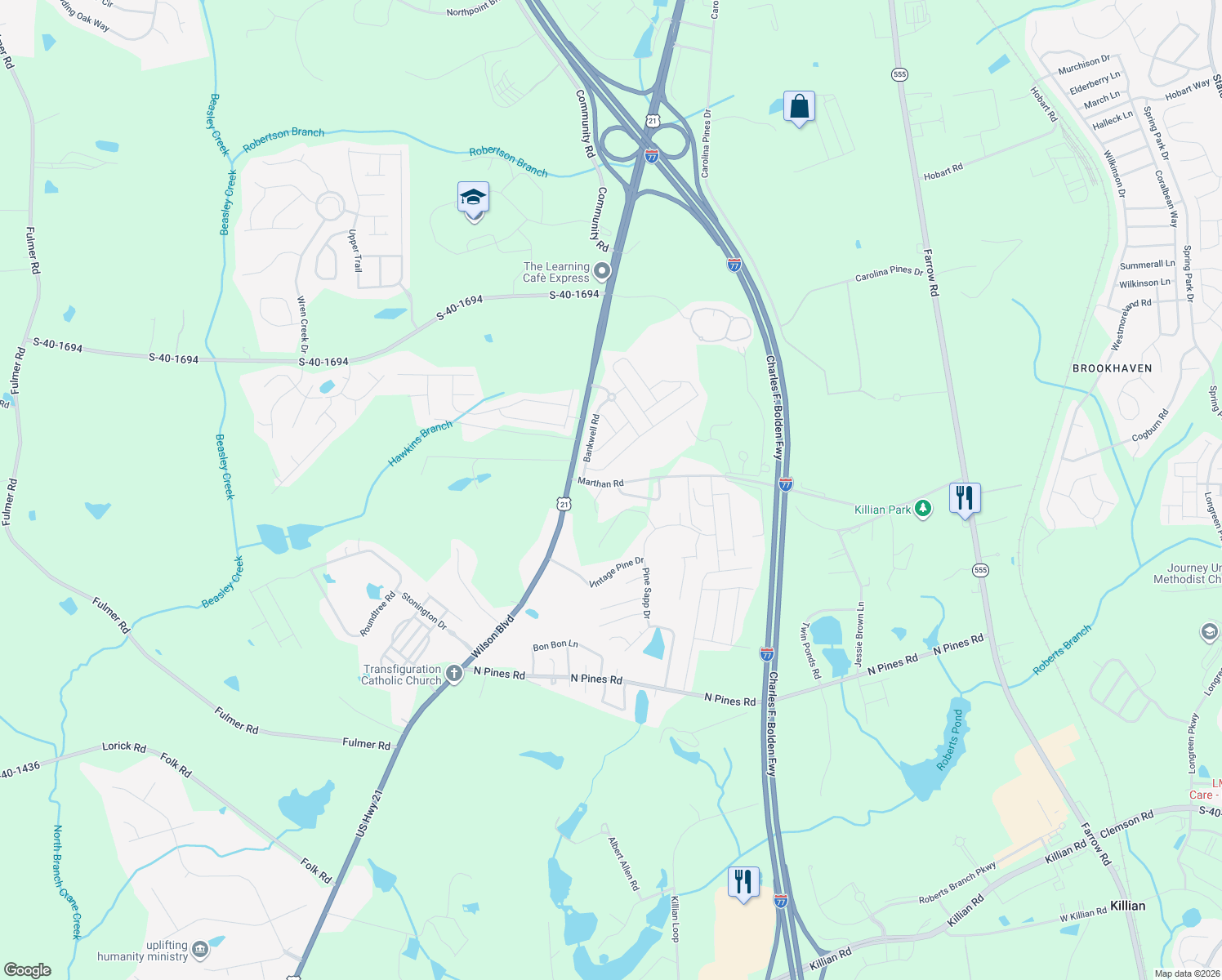 map of restaurants, bars, coffee shops, grocery stores, and more near 1028 Marthan Road in Blythewood